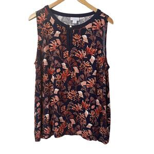 Liz Claiborne Navy & Orange Sleeveless Top Keyhole Closure Coral Reef Pattern L